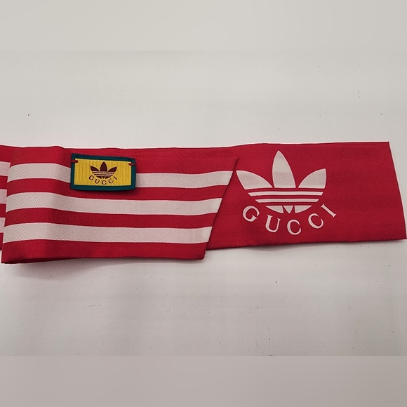 Gucci x Adidas Red & White Striped Silk Scarf NWT - Picture 5 of 9